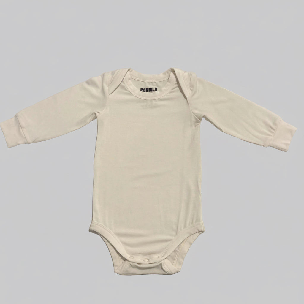BABICLO long-sleeve white baby bodysuit laid flat 